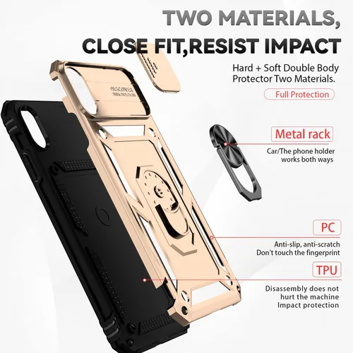 Vista 7 de Funda para iPhone X/XS con protección de lente, funda para iPhone X/XS con funda para cámara y soporte, grado militar, a prueba de golpes Oro