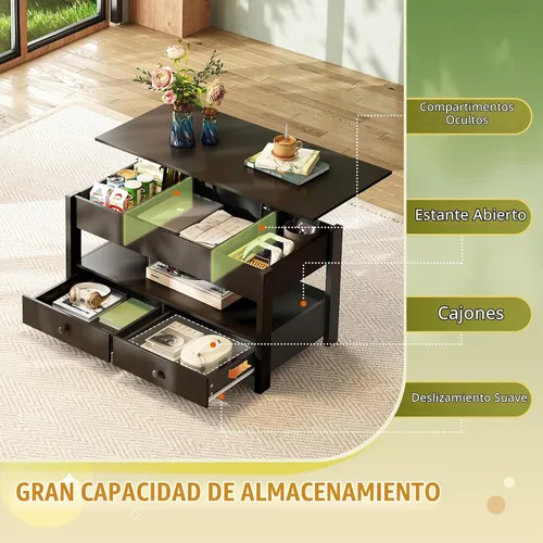 Vista 4 de WLIVE Mesa de Centro, Mesa de Centro con Tapa Elevable con 2 Cajones, Gran Almacenamiento y Estante Abierto, Tapa de Mesa Elevable para Sala de Negro