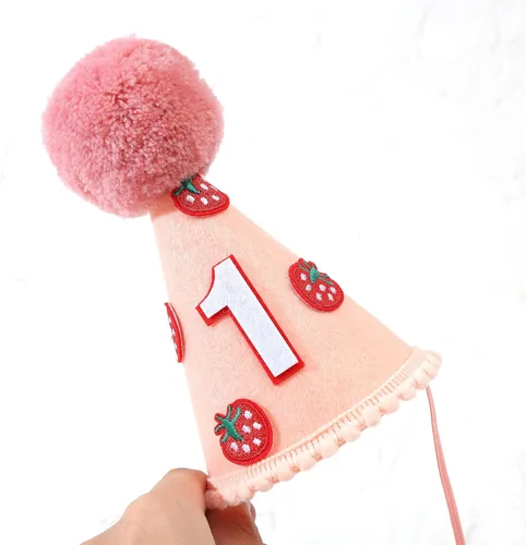 Vista 5 de Corona de fresa para primer cumpleaños - Decoración de sombrero de fieltro para niñas