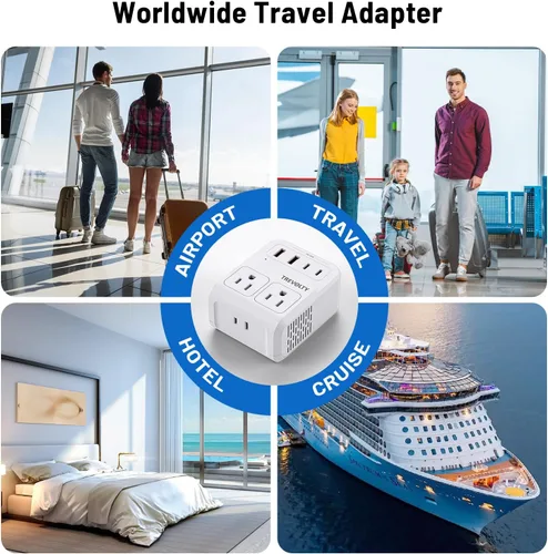Vista 8 de Adaptador de enchufe de viaje europeo 7 en 1, adaptador de viaje universal de 2000 W con 3 enchufes de CA, 2 puertos USB-A y 2 puertos USB-C