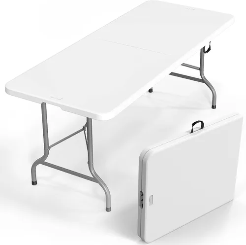 Vista 11 de Vingli - Mesa plegable de 4 pies de plástico para camping, altura ajustable en 3 niveles, portátil para interiores/exteriores, mesa de fiesta Negro