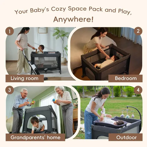 Vista 10 de Pamo Babe Pack and Play con moisés Magic Fold Playard 1 Step Set Plegable Corralito para bebé con cambiador portátil corralito gris