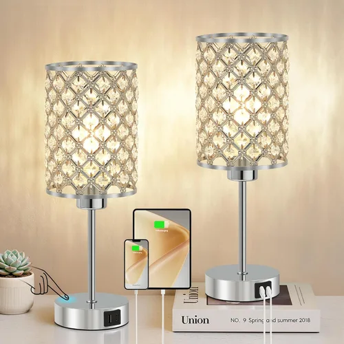 Vista 10 de Lámpara de mesa de cristal, lámpara táctil púrpura con puerto USB C+A Púrpura-1