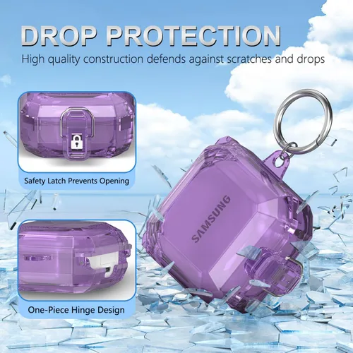 Vista 4 de [Bloqueo actualizado] Funda transparente para Galaxy Buds 2 Pro/2/Live, funda protectora completa de policarbonato duro transparente con llavero