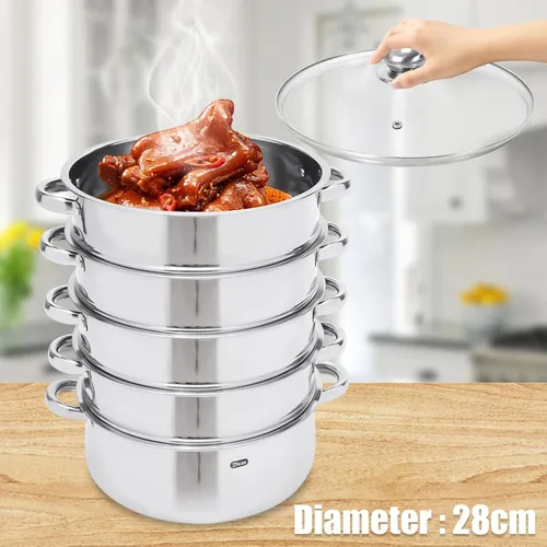 Vista 6 de Cocina de vapor de acero inoxidable de 5 capas, vaporizador de 11 pulgadas para cocinar alimentos, tapa de vidrio, adecuada para tamales, verduras