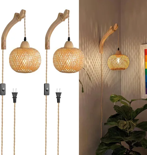 Vista 10 de Frideko Lámpara de Pared de Ratán con Cable de Enchufe Tejida a Mano Apliques de Pared con Enchufe Lámpara de Pared de Cuerda de Papel Aplique