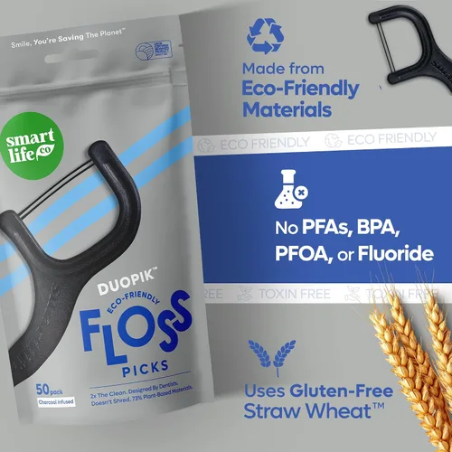 Vista 4 de SmartLifeco Púas de hilo dental ecológico de doble hilo (100 unidades) - Hilo dental hecho con mezcla de trigo y paja, blanqueamiento dental