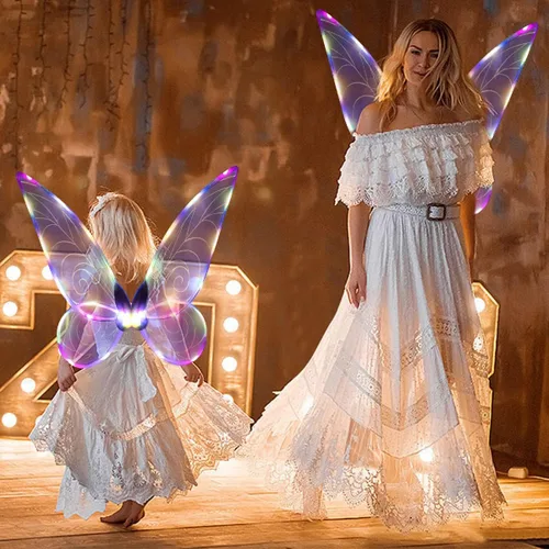 Vista 7 de quescu Alas de hadas iluminadas para adultos, alas de mariposa LED para niñas y mujeres, disfraz de Halloween, regalos para niños