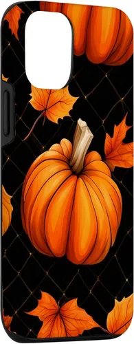 Vista 3 de iPhone 14 calabazas negro y naranja cuadros otoño hojas otoño Halloween caso