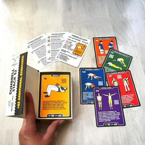 Vista 6 de Paquete de 52 tarjetas de ejercicio con mancuernas apiladas. Juego de entrenamiento. Instrucciones de video incluidas. Perfecto para entrenar