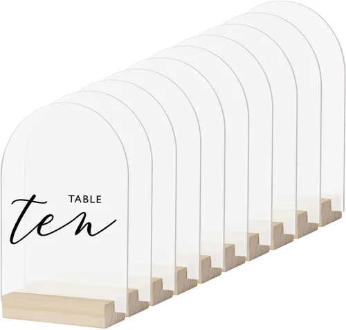 Vista 9 de Cartel de mesa de acrílico de arco negro con soporte de madera, paquete de 10 hojas acrílicas de arco en blanco con base, letrero arqueado