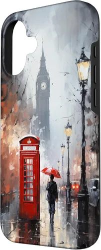 Vista 2 de Funda para iPhone 16 Wet London Iconic Red Phone Booth Clocktower Art Cover Phone Case