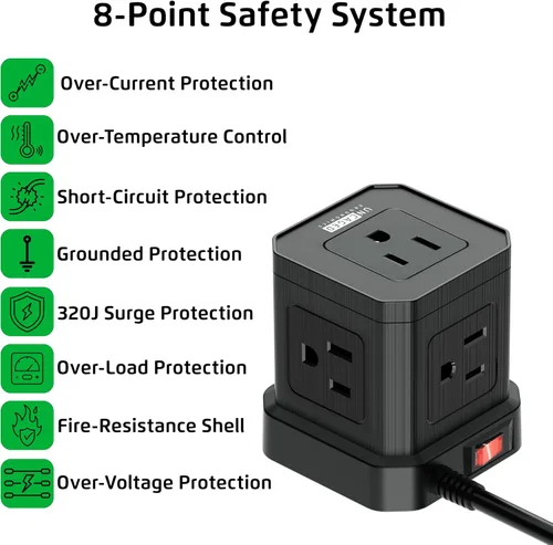 Vista 4 de Tiras de alimentación Cube con protección contra sobretensiones, cable de extensión de 10 pies con múltiples tomas, 5 enchufes de CA, 3 USB, 1