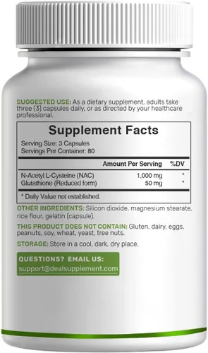 Vista 6 de Suplemento DEAL NAC (N-Acetil Cisteína) 1,000mg por porción con glutatión reducido, 240 cápsulas – Apoyo antioxidante para la salud inmune, pulmonar