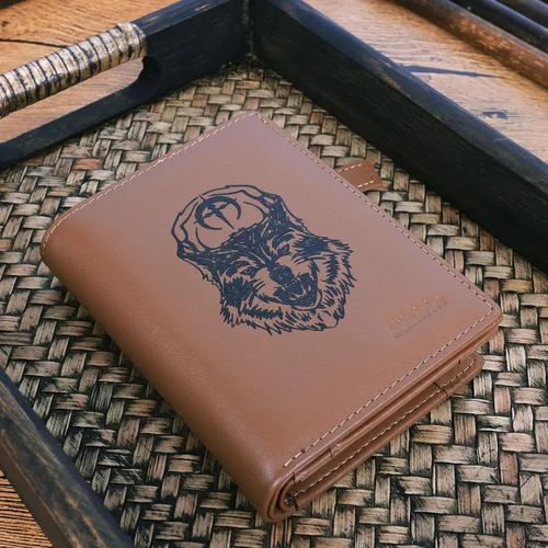 Vista 5 de Aikirin Billetera de cuero RFID personalizada pintada a mano sección vertical de gran capacidad con cremallera monedero tarjetero titular, Café-Wolf