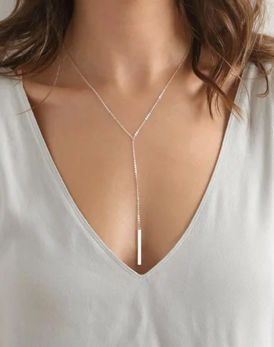 Vista 2 de Sterling Silver Lariat Necklace, Chic Minimalist Drop Bar Y Chain Necklace for Women