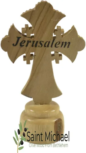 Vista 2 de Cruz de Jerusalén de 3,4 pulgadas de madera de olivo hecha a mano en Tierra Santa