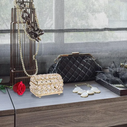 Vista 6 de ELLDOO Joyero de cristal, caja organizadora de aretes, anillos, decoración del hogar, caja decorativa con tapa, regalo dorado para San Valentín