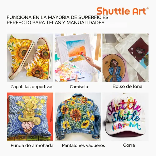 Vista 6 de Shuttle Art Pintura para tela, 18 colores de pintura para tela suave permanente en botellas (60ml/2oz) con pinceles, paleta, plantillas, pintura