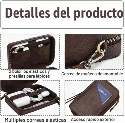 Vista 4 de Acidea Caja de almacenamiento de accesorios electrónicos de cuero de grano completo, bolsa organizadora de cables de viaje, estuche enrollable