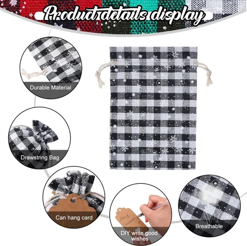 Vista 5 de Shappy 48 bolsas navideñas con cordón ajustable, bolsas de dulces de arpillera a cuadros búfalo de Navidad, saco de golosinas de lino, bolsa