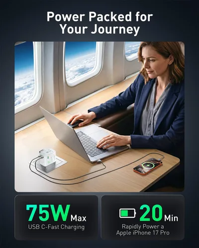 Vista 8 de Adaptador universal de viaje de enchufe europeo de carga rápida GaN de 75W
