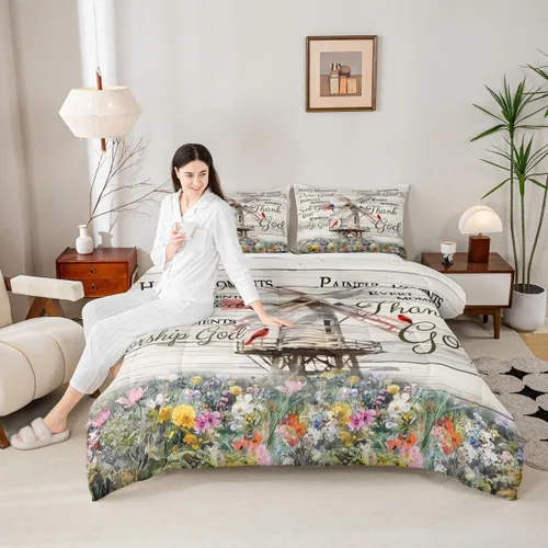 Vista 3 de Erosebridal Juego de edredón rústico de colibrí, juego de ropa de cama de molino de viento rústico para niños, adolescentes y adultos, relleno