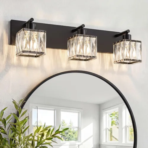 Vista 22 de VOLISUN Luces de Tocador de Cristal - 2 Luces Modernas de Acero Inoxidable para Baño Sobre Espejo, Acabado Cromado - Certificado UL