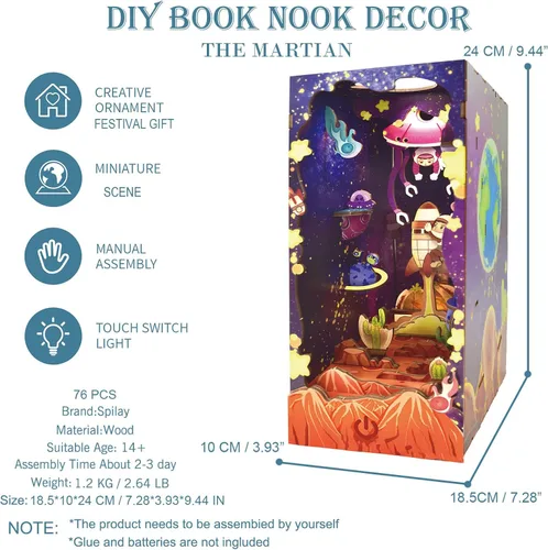 Vista 4 de Spilay Kit de montaje de rincón de libro en miniatura para casa de muñecas, rompecabezas de madera 3D con luz sensor, kit de creatividad