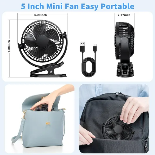 Vista 6 de ATEngeus Ventilador de escritorio recargable con clip USB, 3 velocidades, batería de 5000mAh, rotación de 720, abrazadera resistente para el hogar