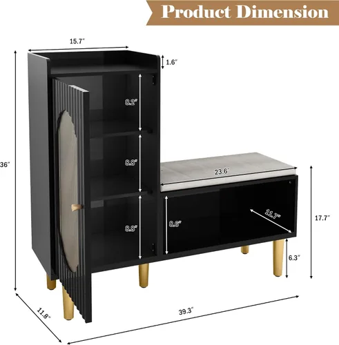 Vista 2 de HLR Banco de almacenamiento con puerta y estante de cristal, moderno banco de zapatos de entrada con asiento acolchado, armario de almacenamiento