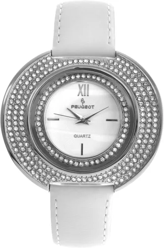 Vista 3 de Peugeot Couture - Reloj de pulsera con cristales acentuados con caja curvada y correa de piel blanca