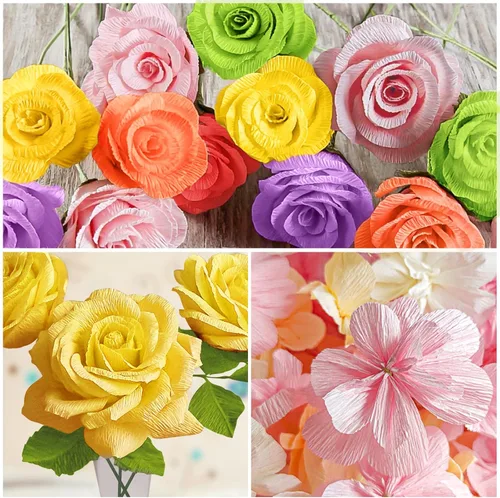 Vista 7 de MicButty - Juego de 42 flores de papel crepé, rollo de papel crepé con cinta floral, flores de alambre de hierro floral para manualidades, boda