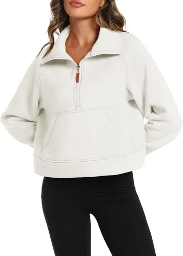 Vista 2 de LaLaLa Women's Cropped Sweatshirt Half Zip Fleece Quarter Zipper Pullover Hoodies Fall Outfits Clothes with Thumb Hole