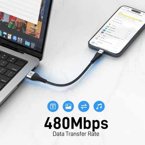 Vista 4 de Cable USB A a USB C, cable corto de carga rápida USBC de 1 pie, paquete de Negro