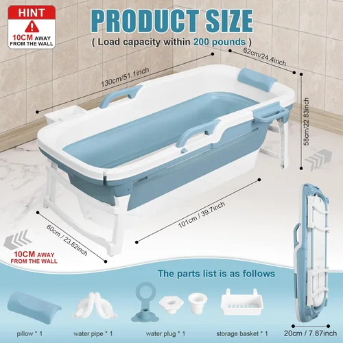 Vista 4 de Foldable Bathtub for Adults, Portable Soaking Tub with Headrest Blue