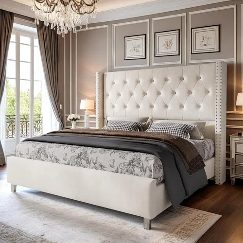 Vista 10 de PaPaJet Marco de cama de terciopelo King con cabecera de ala de 49.2 Negro
