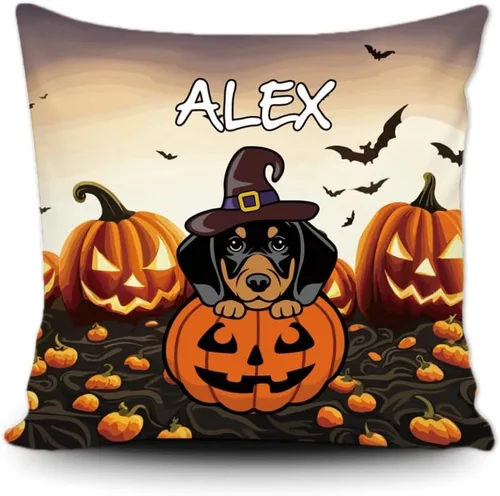 Vista 17 de Funda de almohada personalizada de Halloween, perro labrador con sombrero de bruja, calabaza, Halloween, cachorro, funda de cojín decorativa de lona