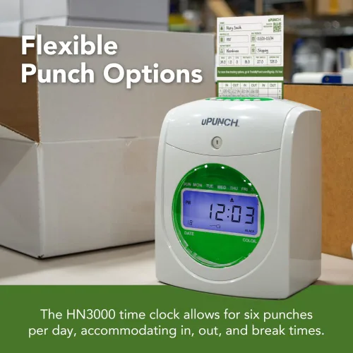 Vista 5 de uPunch HN1500, paquete inicial de reloj registrador para pequeñas empresas: sistema de reloj de punzonado para empleados con 100 tarjetas, estante