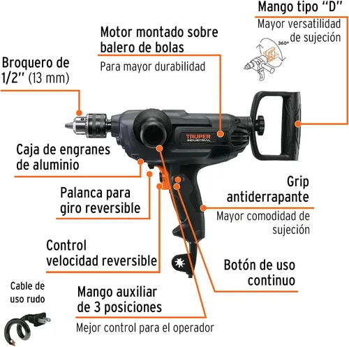 Vista 2 de Taladro de pala 1/2', industrial, 1150 W