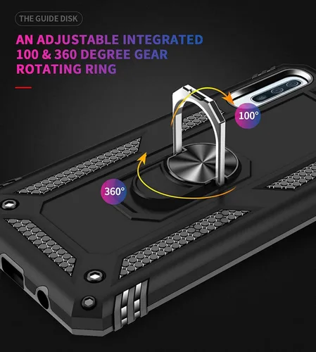Vista 7 de TJS Funda compatible con Samsung Galaxy A50 2019, con protector de pantalla de vidrio templado, anillo de metal, soporte magnético, resistente Negro