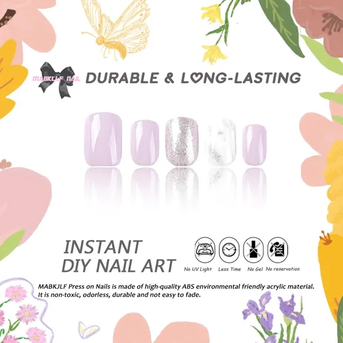 Vista 2 de Uñas postizas cuadradas cortas a presión, uñas postizas de color rosa, de cobertura completa, uñas postizas con purpurina plateada con diseños