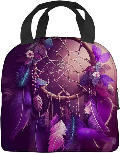 Vista 2 de OOZ Bolsa de almuerzo aislada para mujeres y hombres, atrapasueños con estrellas moradas, reutilizable, a prueba de fugas, linda lonchera