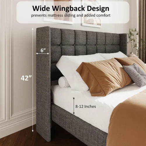 Vista 5 de Base de cama tamaño matrimonial con cabecera con respaldo de ala, base de cama tapizada de lino con cabecera capitoné con botones, soporte