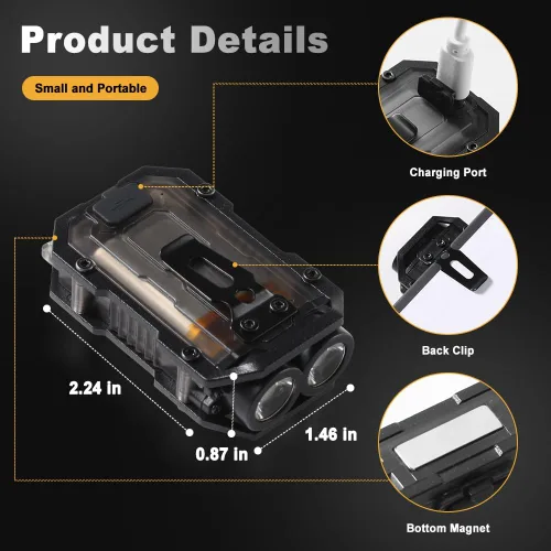 Vista 3 de Mini linterna EDC, pequeña y potente linterna de llavero con luz lateral, altos lúmenes 800lm, USB-C recargable, luz de llavero con clip - 8 modos