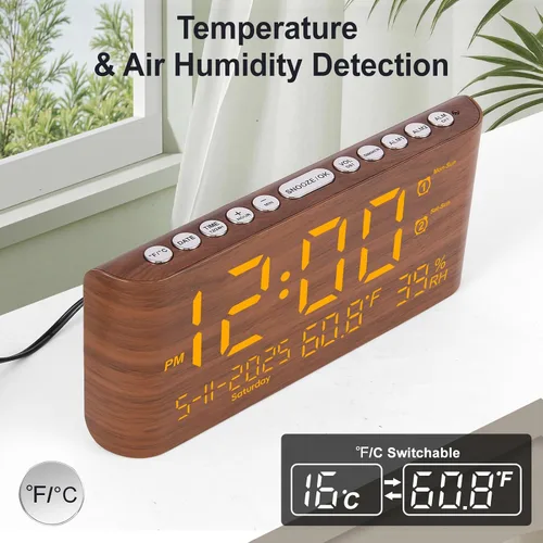 Vista 3 de PPLEE Reloj despertador digital de 8.7 pulgadas para dormitorio, reloj digital con día de la semana, mes, año, humedad y temperatura, brillo