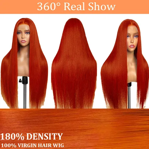 Vista 6 de PANDA ANGEL Peluca de encaje frontal de jengibre de cabello humano 13x4 lacio, naranja jengibre, frontal de encaje HD transparente sin pegamento