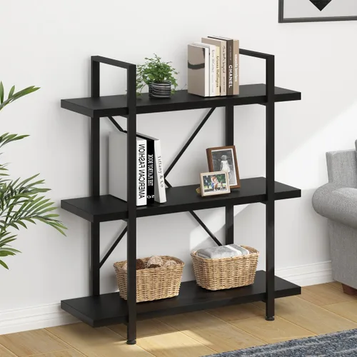 Vista 8 de HSH - Estantería de 3 niveles en negro, estanterías de almacenamiento pequeñas de metal y madera industriales, estanterías modernas abiertas de 3