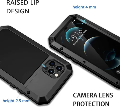 Vista 4 de Lanhiem Funda de metal para iPhone 12 Pro Max, resistente a los golpes, con protector de pantalla de vidrio integrado, cubierta protectora de cuerpo