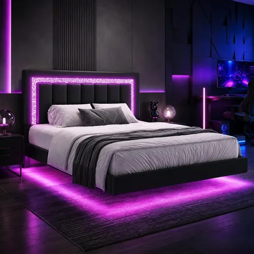Vista 15 de HOMBCK Base de cama flotante individual con luces LED inteligentes, cama de plataforma tapizada de piel sintética con cabecera de diamante, no Negro